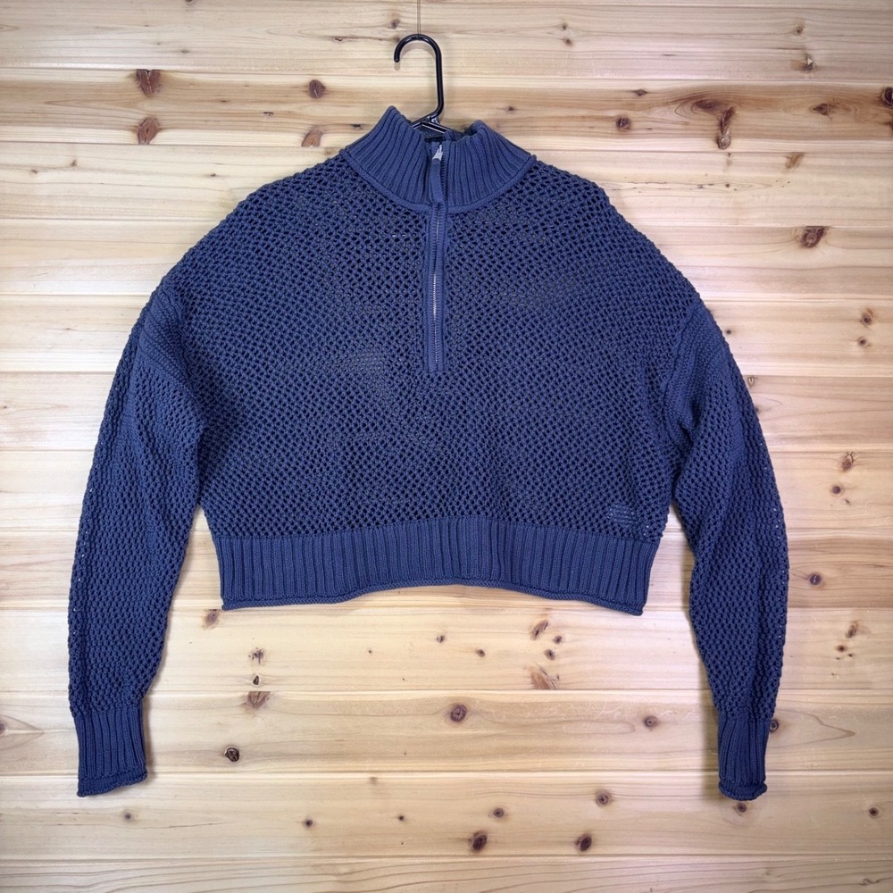 Aerie Sweater Womens Small Gray Crochet Eyelet Quarter Zip Crop Top Sweater
